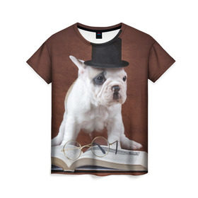 Женская футболка 3D с принтом Бульдог в цилиндре в Санкт-Петербурге, 100% полиэфир ( синтетическое хлопкоподобное полотно) | прямой крой, круглый вырез горловины, длина до линии бедер | бульдог в цилиндре | домашнее | животное | книга французский | очки | пес | прикол | собака | умный | ученый