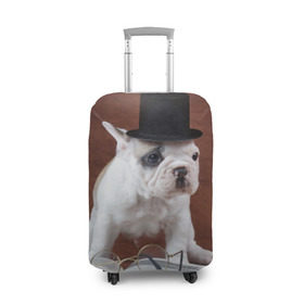 Чехол для чемодана 3D с принтом Бульдог в цилиндре в Санкт-Петербурге, 86% полиэфир, 14% спандекс | двустороннее нанесение принта, прорези для ручек и колес | бульдог в цилиндре | домашнее | животное | книга французский | очки | пес | прикол | собака | умный | ученый