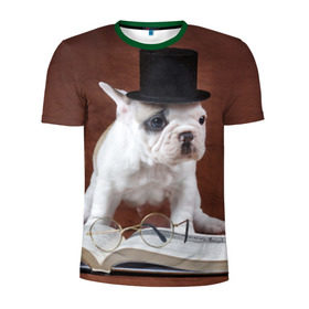 Мужская футболка 3D спортивная с принтом Бульдог в цилиндре в Санкт-Петербурге, 100% полиэстер с улучшенными характеристиками | приталенный силуэт, круглая горловина, широкие плечи, сужается к линии бедра | бульдог в цилиндре | домашнее | животное | книга французский | очки | пес | прикол | собака | умный | ученый