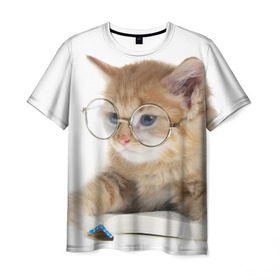 Мужская футболка 3D с принтом Кот в очках в Санкт-Петербурге, 100% полиэфир | прямой крой, круглый вырез горловины, длина до линии бедер | Тематика изображения на принте: домашнее | животное | книга | кот | кот в очках | котэ | очки | прикол | умный | ученый | читает