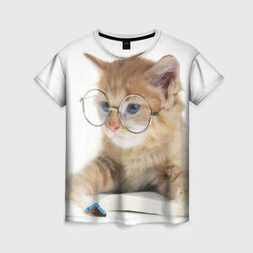 Женская футболка 3D с принтом Кот в очках в Санкт-Петербурге, 100% полиэфир ( синтетическое хлопкоподобное полотно) | прямой крой, круглый вырез горловины, длина до линии бедер | домашнее | животное | книга | кот | кот в очках | котэ | очки | прикол | умный | ученый | читает
