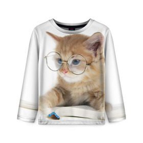Детский лонгслив 3D с принтом Кот в очках в Санкт-Петербурге, 100% полиэстер | длинные рукава, круглый вырез горловины, полуприлегающий силуэт
 | домашнее | животное | книга | кот | кот в очках | котэ | очки | прикол | умный | ученый | читает
