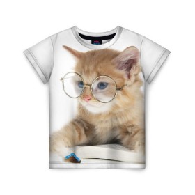 Детская футболка 3D с принтом Кот в очках в Санкт-Петербурге, 100% гипоаллергенный полиэфир | прямой крой, круглый вырез горловины, длина до линии бедер, чуть спущенное плечо, ткань немного тянется | Тематика изображения на принте: домашнее | животное | книга | кот | кот в очках | котэ | очки | прикол | умный | ученый | читает
