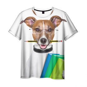 Мужская футболка 3D с принтом Ученый пес в Санкт-Петербурге, 100% полиэфир | прямой крой, круглый вырез горловины, длина до линии бедер | домашнее | животное | карандаш | книги | очки | ошейник | пес | прикол | собака в очках | умный | ученый