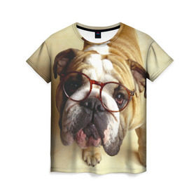 Женская футболка 3D с принтом Бульдог в очках в Санкт-Петербурге, 100% полиэфир ( синтетическое хлопкоподобное полотно) | прямой крой, круглый вырез горловины, длина до линии бедер | бульдог в очках | домашнее | животное | очки | пес | прикол | собака | умный | ученый
