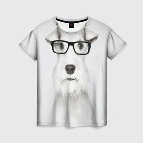 Женская футболка 3D с принтом Собака в очках в Санкт-Петербурге, 100% полиэфир ( синтетическое хлопкоподобное полотно) | прямой крой, круглый вырез горловины, длина до линии бедер | белый | домашнее | животное | очки | пес | прикол | собака в очках | умный | ученый | эрдельтерьер