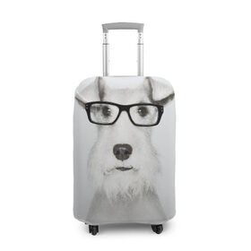 Чехол для чемодана 3D с принтом Собака в очках в Санкт-Петербурге, 86% полиэфир, 14% спандекс | двустороннее нанесение принта, прорези для ручек и колес | белый | домашнее | животное | очки | пес | прикол | собака в очках | умный | ученый | эрдельтерьер