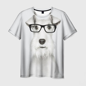 Мужская футболка 3D с принтом Собака в очках в Санкт-Петербурге, 100% полиэфир | прямой крой, круглый вырез горловины, длина до линии бедер | белый | домашнее | животное | очки | пес | прикол | собака в очках | умный | ученый | эрдельтерьер