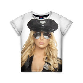 Детская футболка 3D с принтом Девушка полицейский в Санкт-Петербурге, 100% гипоаллергенный полиэфир | прямой крой, круглый вырез горловины, длина до линии бедер, чуть спущенное плечо, ткань немного тянется | блондинка | девушка | кожа | очки | форма | фуражка