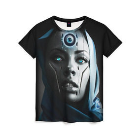 Женская футболка 3D с принтом Девушка андроид в Санкт-Петербурге, 100% полиэфир ( синтетическое хлопкоподобное полотно) | прямой крой, круглый вырез горловины, длина до линии бедер | андроид | глаз | девушка | киборг | робот | третий
