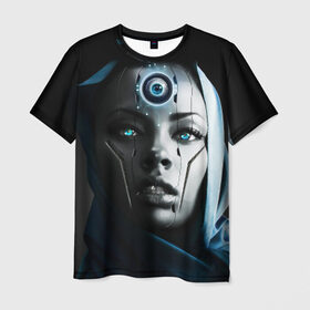 Мужская футболка 3D с принтом Девушка андроид в Санкт-Петербурге, 100% полиэфир | прямой крой, круглый вырез горловины, длина до линии бедер | Тематика изображения на принте: андроид | глаз | девушка | киборг | робот | третий