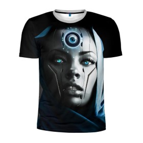 Мужская футболка 3D спортивная с принтом Девушка андроид в Санкт-Петербурге, 100% полиэстер с улучшенными характеристиками | приталенный силуэт, круглая горловина, широкие плечи, сужается к линии бедра | Тематика изображения на принте: андроид | глаз | девушка | киборг | робот | третий
