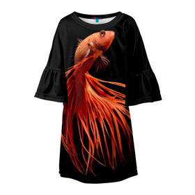 Детское платье 3D с принтом Бойцовая рыбка в Санкт-Петербурге, 100% полиэстер | прямой силуэт, чуть расширенный к низу. Круглая горловина, на рукавах — воланы | Тематика изображения на принте: аквариумная | бойцовая | красивый | плавники | рыба | рыбка | хвост | япаонская