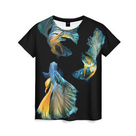 Женская футболка 3D с принтом Бойцовая рыбка в Санкт-Петербурге, 100% полиэфир ( синтетическое хлопкоподобное полотно) | прямой крой, круглый вырез горловины, длина до линии бедер | аквариумная | бойцовая | красивый | плавники | рыба | рыбка | хвост | япаонская