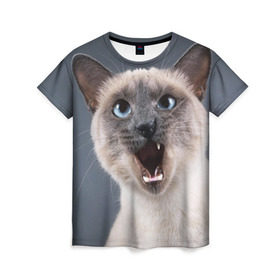 Женская футболка 3D с принтом Злой кот в Санкт-Петербурге, 100% полиэфир ( синтетическое хлопкоподобное полотно) | прямой крой, круглый вырез горловины, длина до линии бедер | взгляд | домашнее | животное | злой | зубы | клыки | кот | котэ | кошка | оскал | сеамский