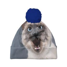 Шапка 3D c помпоном с принтом Злой кот в Санкт-Петербурге, 100% полиэстер | универсальный размер, печать по всей поверхности изделия | взгляд | домашнее | животное | злой | зубы | клыки | кот | котэ | кошка | оскал | сеамский