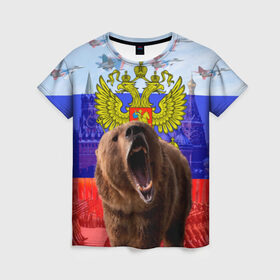 Женская футболка 3D с принтом Русский медведь и герб в Санкт-Петербурге, 100% полиэфир ( синтетическое хлопкоподобное полотно) | прямой крой, круглый вырез горловины, длина до линии бедер | герб | медведь | россия | русский | русский медведь
