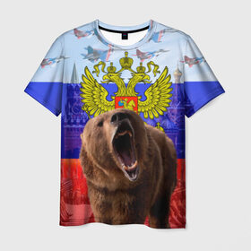 Мужская футболка 3D с принтом Русский медведь и герб в Санкт-Петербурге, 100% полиэфир | прямой крой, круглый вырез горловины, длина до линии бедер | Тематика изображения на принте: герб | медведь | россия | русский | русский медведь