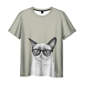 Мужская футболка 3D с принтом Кот - хипстер в Санкт-Петербурге, 100% полиэфир | прямой крой, круглый вырез горловины, длина до линии бедер | cat | hipster | кот | кошка | хипстер