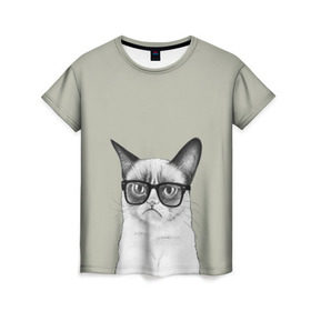 Женская футболка 3D с принтом Кот - хипстер в Санкт-Петербурге, 100% полиэфир ( синтетическое хлопкоподобное полотно) | прямой крой, круглый вырез горловины, длина до линии бедер | cat | hipster | кот | кошка | хипстер