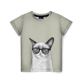 Детская футболка 3D с принтом Кот - хипстер в Санкт-Петербурге, 100% гипоаллергенный полиэфир | прямой крой, круглый вырез горловины, длина до линии бедер, чуть спущенное плечо, ткань немного тянется | cat | hipster | кот | кошка | хипстер