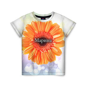 Детская футболка 3D с принтом Марина в Санкт-Петербурге, 100% гипоаллергенный полиэфир | прямой крой, круглый вырез горловины, длина до линии бедер, чуть спущенное плечо, ткань немного тянется | девушке | имя | любимой | марина | подарок | подарок любимой | подарок на 8 марта | подарок на день рождения | с 8 марта | цветок | цветы
