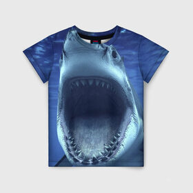Детская футболка 3D с принтом Белая акула в Санкт-Петербурге, 100% гипоаллергенный полиэфир | прямой крой, круглый вырез горловины, длина до линии бедер, чуть спущенное плечо, ткань немного тянется | shark | море | синий