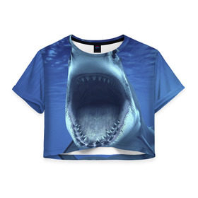 Женская футболка 3D укороченная с принтом Белая акула в Санкт-Петербурге, 100% полиэстер | круглая горловина, длина футболки до линии талии, рукава с отворотами | shark | море | синий