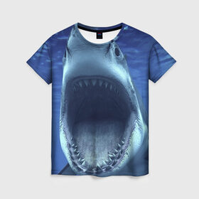 Женская футболка 3D с принтом Белая акула в Санкт-Петербурге, 100% полиэфир ( синтетическое хлопкоподобное полотно) | прямой крой, круглый вырез горловины, длина до линии бедер | shark | море | синий