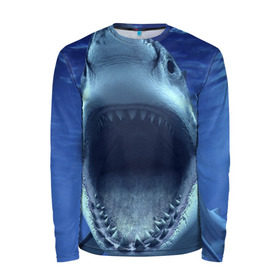 Мужской лонгслив 3D с принтом Белая акула в Санкт-Петербурге, 100% полиэстер | длинные рукава, круглый вырез горловины, полуприлегающий силуэт | shark | море | синий
