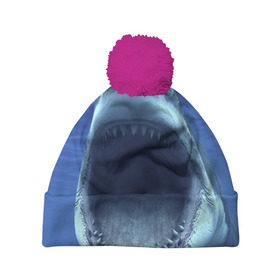 Шапка 3D c помпоном с принтом Белая акула в Санкт-Петербурге, 100% полиэстер | универсальный размер, печать по всей поверхности изделия | shark | море | синий