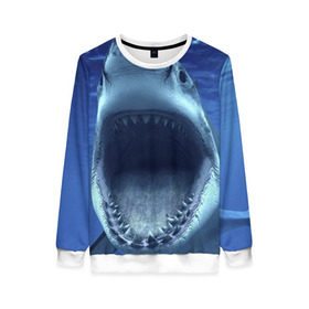 Женский свитшот 3D с принтом Белая акула в Санкт-Петербурге, 100% полиэстер с мягким внутренним слоем | круглый вырез горловины, мягкая резинка на манжетах и поясе, свободная посадка по фигуре | shark | море | синий