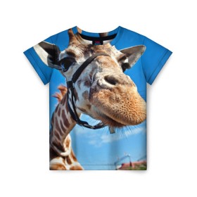 Детская футболка 3D с принтом Прикольный жираф в Санкт-Петербурге, 100% гипоаллергенный полиэфир | прямой крой, круглый вырез горловины, длина до линии бедер, чуть спущенное плечо, ткань немного тянется | африка | животное | жираф | небо | природа