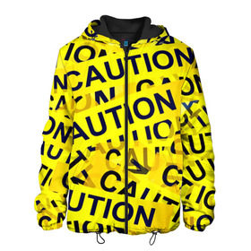 Мужская куртка 3D с принтом Caution в Санкт-Петербурге, ткань верха — 100% полиэстер, подклад — флис | прямой крой, подол и капюшон оформлены резинкой с фиксаторами, два кармана без застежек по бокам, один большой потайной карман на груди. Карман на груди застегивается на липучку | caution | желтый | надписи | популярные | прикольные