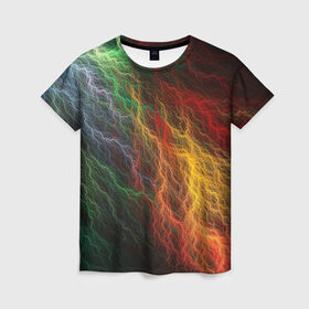 Женская футболка 3D с принтом Разноцветные молнии в Санкт-Петербурге, 100% полиэфир ( синтетическое хлопкоподобное полотно) | прямой крой, круглый вырез горловины, длина до линии бедер | lightning | молния