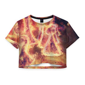 Женская футболка 3D укороченная с принтом Фигуры из пламени в Санкт-Петербурге, 100% полиэстер | круглая горловина, длина футболки до линии талии, рукава с отворотами | пламя