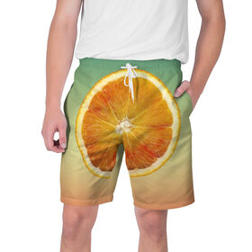 Мужские шорты 3D с принтом Апельсиновый рай в Санкт-Петербурге,  полиэстер 100% | прямой крой, два кармана без застежек по бокам. Мягкая трикотажная резинка на поясе, внутри которой широкие завязки. Длина чуть выше колен | апельсин | градиент | жёлтый | зелёный | оранжевый