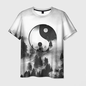 Мужская футболка 3D с принтом Гармония в Санкт-Петербурге, 100% полиэфир | прямой крой, круглый вырез горловины, длина до линии бедер | Тематика изображения на принте: белое | гармония | инь | природа | черное | янь