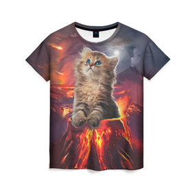 Женская футболка 3D с принтом Кот на вулкане в Санкт-Петербурге, 100% полиэфир ( синтетическое хлопкоподобное полотно) | прямой крой, круглый вырез горловины, длина до линии бедер | вулкан | извержение | кот | котенок | лава | метеорит
