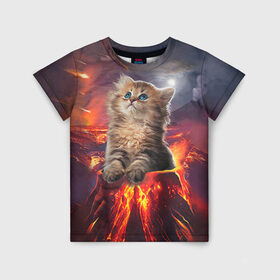 Детская футболка 3D с принтом Кот на вулкане в Санкт-Петербурге, 100% гипоаллергенный полиэфир | прямой крой, круглый вырез горловины, длина до линии бедер, чуть спущенное плечо, ткань немного тянется | вулкан | извержение | кот | котенок | лава | метеорит