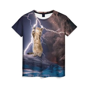 Женская футболка 3D с принтом Кот и молния в Санкт-Петербурге, 100% полиэфир ( синтетическое хлопкоподобное полотно) | прямой крой, круглый вырез горловины, длина до линии бедер | буря | гроза | кот | котенок | молния | облака