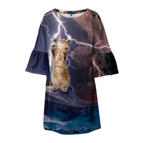 Детское платье 3D с принтом Кот и молния в Санкт-Петербурге, 100% полиэстер | прямой силуэт, чуть расширенный к низу. Круглая горловина, на рукавах — воланы | Тематика изображения на принте: буря | гроза | кот | котенок | молния | облака