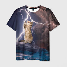 Мужская футболка 3D с принтом Кот и молния в Санкт-Петербурге, 100% полиэфир | прямой крой, круглый вырез горловины, длина до линии бедер | буря | гроза | кот | котенок | молния | облака