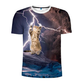Мужская футболка 3D спортивная с принтом Кот и молния в Санкт-Петербурге, 100% полиэстер с улучшенными характеристиками | приталенный силуэт, круглая горловина, широкие плечи, сужается к линии бедра | буря | гроза | кот | котенок | молния | облака