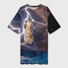 Платье-футболка 3D с принтом Кот и молния в Санкт-Петербурге,  |  | буря | гроза | кот | котенок | молния | облака