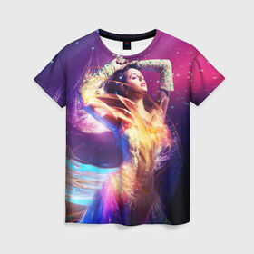 Женская футболка 3D с принтом Девушка в огнях в Санкт-Петербурге, 100% полиэфир ( синтетическое хлопкоподобное полотно) | прямой крой, круглый вырез горловины, длина до линии бедер | девушка в огнях | звезды | космос | краски | цвет | яркие