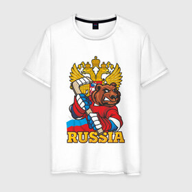 Мужская футболка хлопок с принтом Только Русский Хоккей! в Санкт-Петербурге, 100% хлопок | прямой крой, круглый вырез горловины, длина до линии бедер, слегка спущенное плечо. | медведь | россия | русский | хоккей | чемпион | шайба