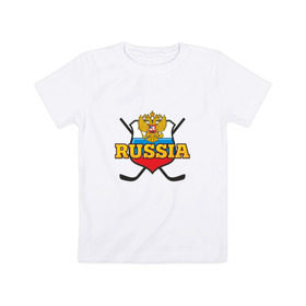 Детская футболка хлопок с принтом Hockey. Russian team. в Санкт-Петербурге, 100% хлопок | круглый вырез горловины, полуприлегающий силуэт, длина до линии бедер | клюшка | медведь | россия | русские | хоккей | шайба