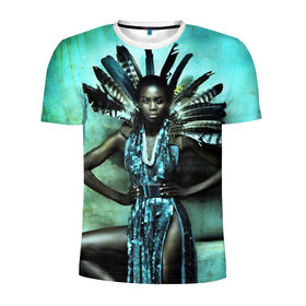 Мужская футболка 3D спортивная с принтом Африканская девушка в Санкт-Петербурге, 100% полиэстер с улучшенными характеристиками | приталенный силуэт, круглая горловина, широкие плечи, сужается к линии бедра | африка | африканская девушка | в перьях | модель | перья