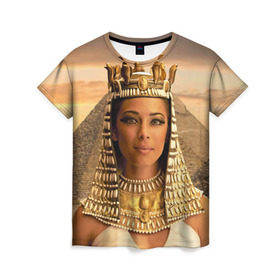 Женская футболка 3D с принтом Клеопатра в Санкт-Петербурге, 100% полиэфир ( синтетическое хлопкоподобное полотно) | прямой крой, круглый вырез горловины, длина до линии бедер | Тематика изображения на принте: египет | египетская | закат | золото | клеопатра | корона | песок | пирамиды | пустыня | солнце | царица